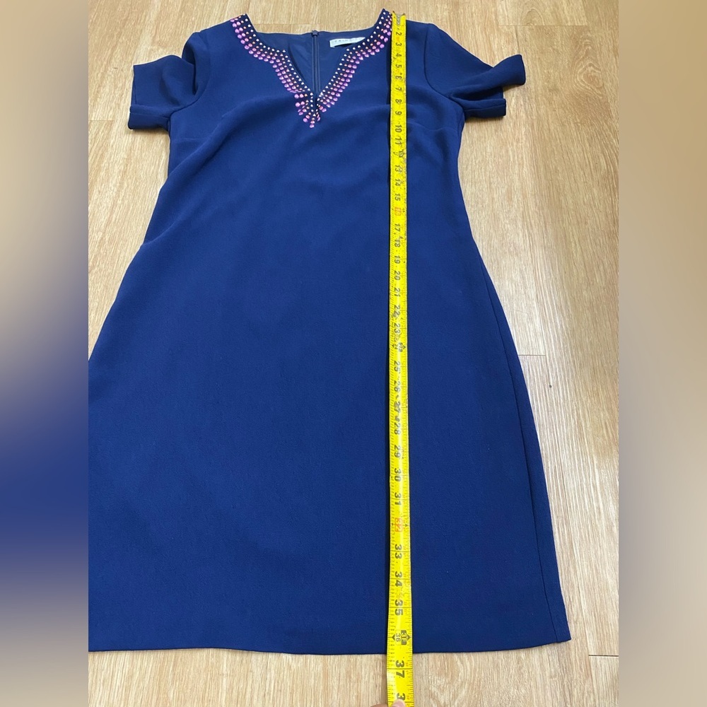 Trina Turk Navy Mini Dress with Pink & White Beaded V-Neckline - Picture 6 of 8